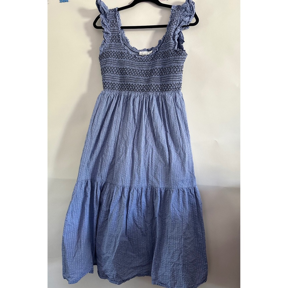 Pomander Place Blue Seersucker Smocked Midi Dress Ruffle Sleeve Cotton B2088 M